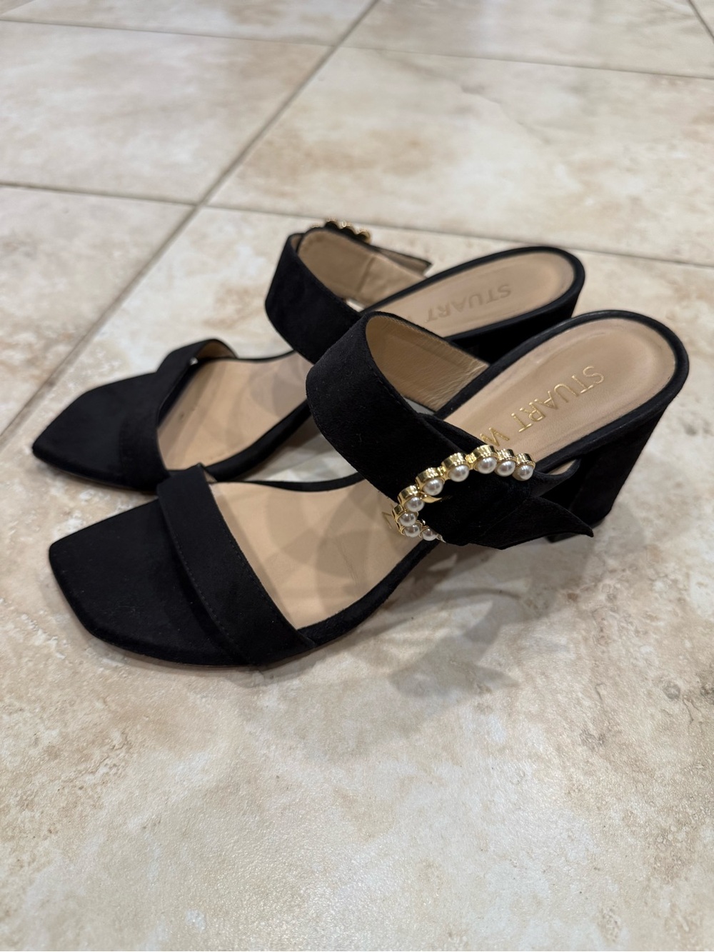 Stuart Weitzman Piper 75mm Black Suede Pearl & Gold-Accented Block Heel Sandals